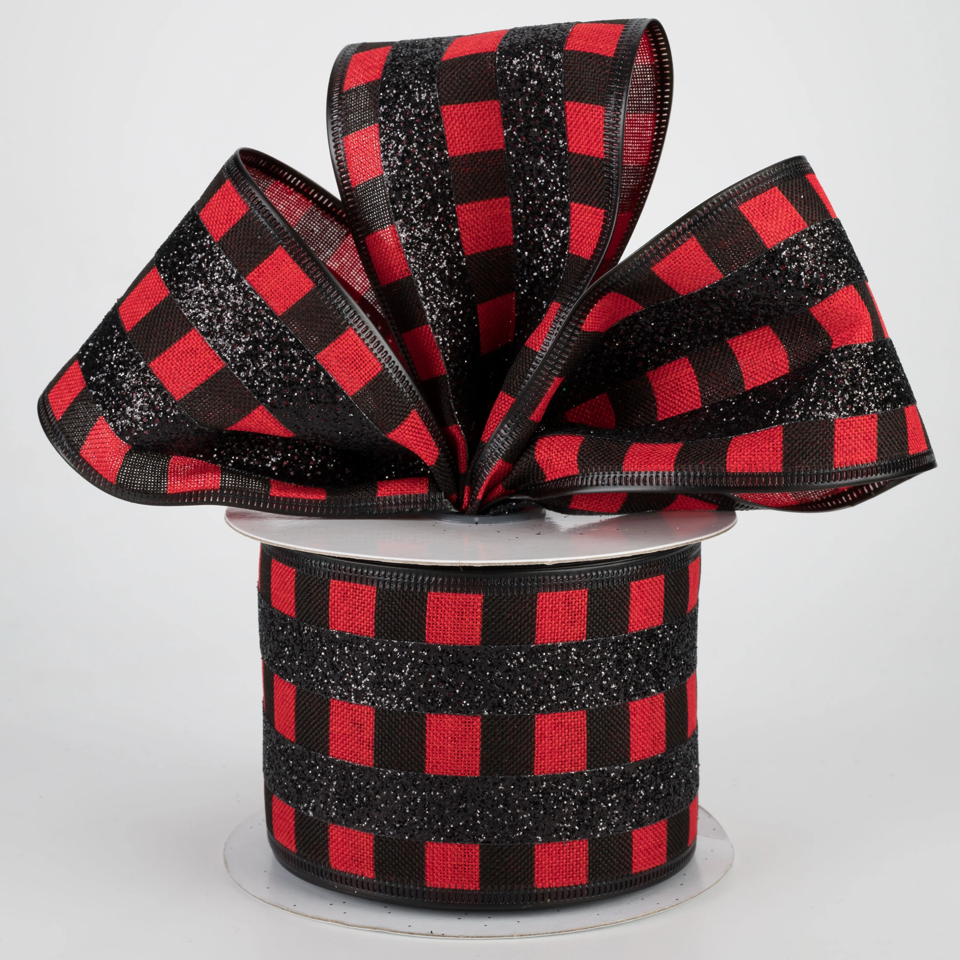2.5" Glitter Stripes On Satin Ribbon: Black & Red (10 Yards)