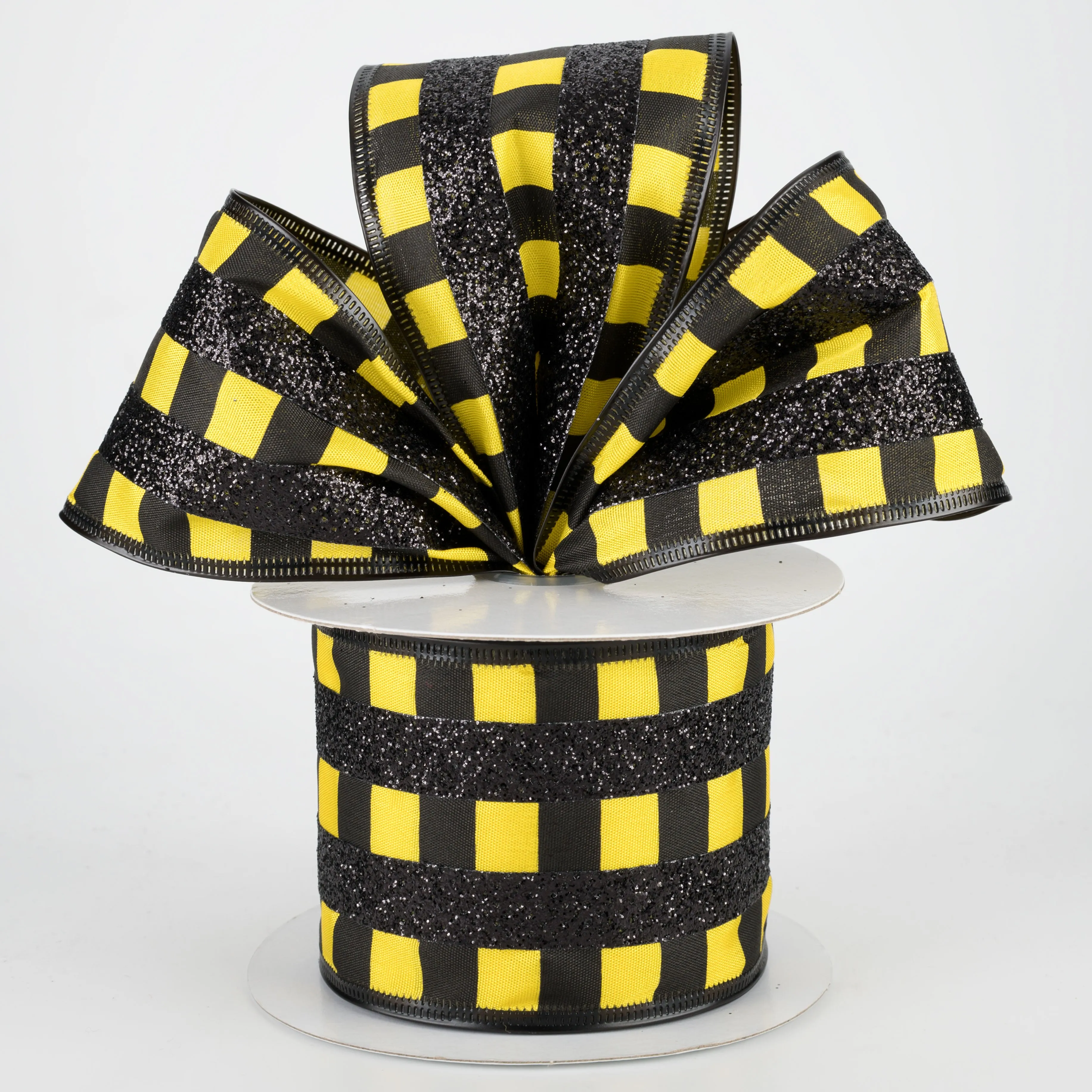 2.5" Glitter Stripes On Satin Ribbon: Black & Yellow (10 Yards)