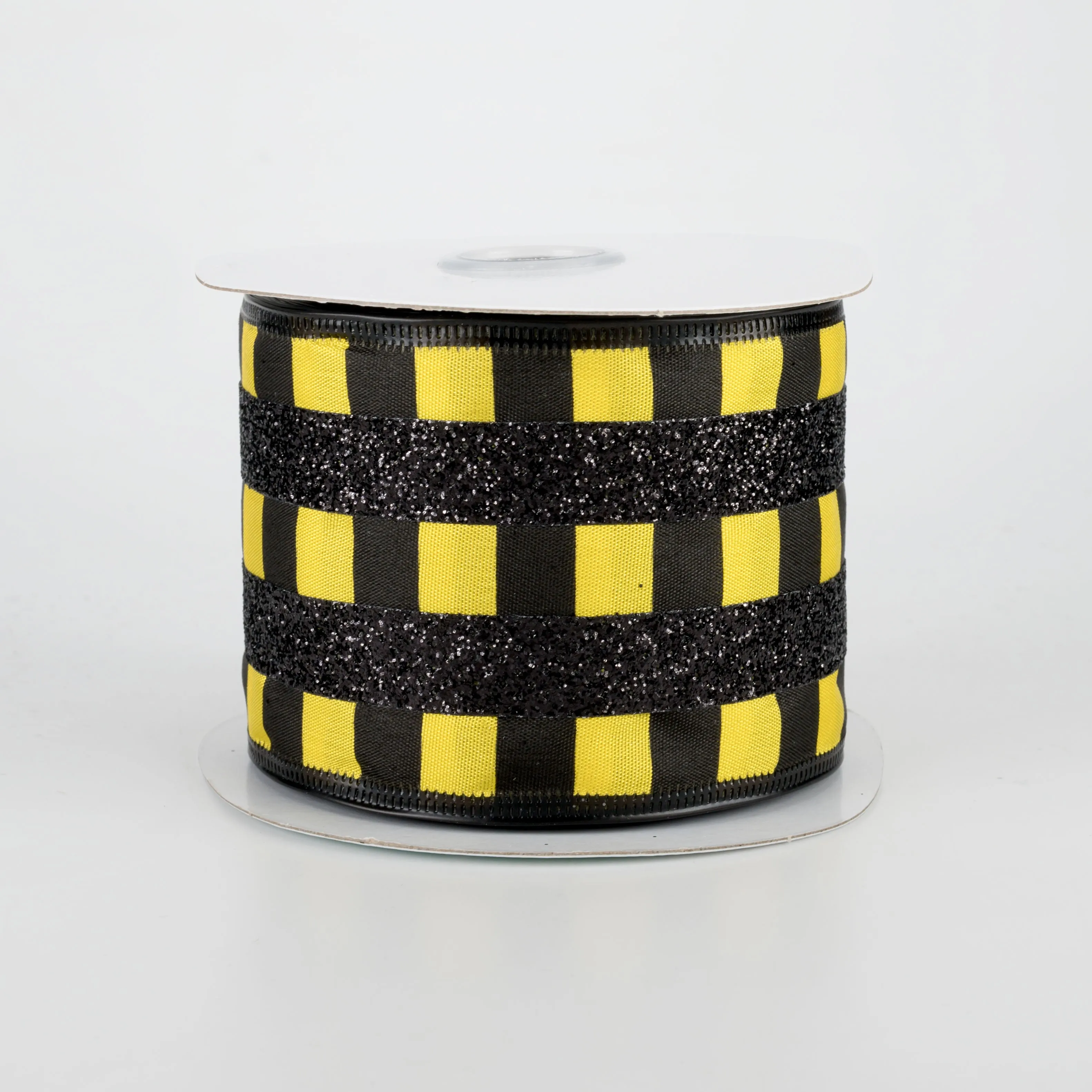 2.5" Glitter Stripes On Satin Ribbon: Black & Yellow (10 Yards)