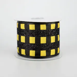 2.5" Glitter Stripes On Satin Ribbon: Black & Yellow (10 Yards)