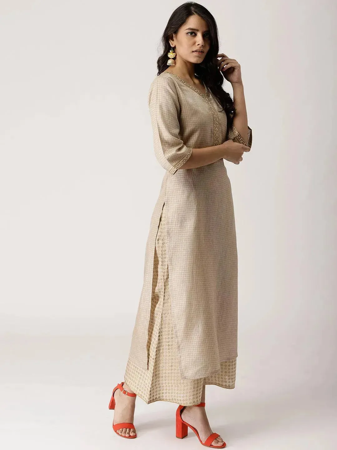 Beige Checkered Chanderi Silk Straight Kurta With Palazzos