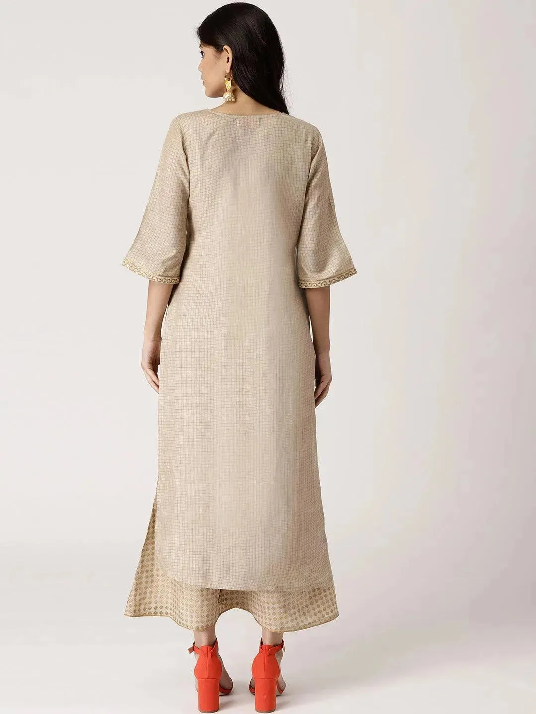 Beige Checkered Chanderi Silk Straight Kurta With Palazzos