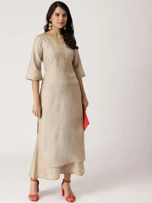 Beige Checkered Chanderi Silk Straight Kurta With Palazzos