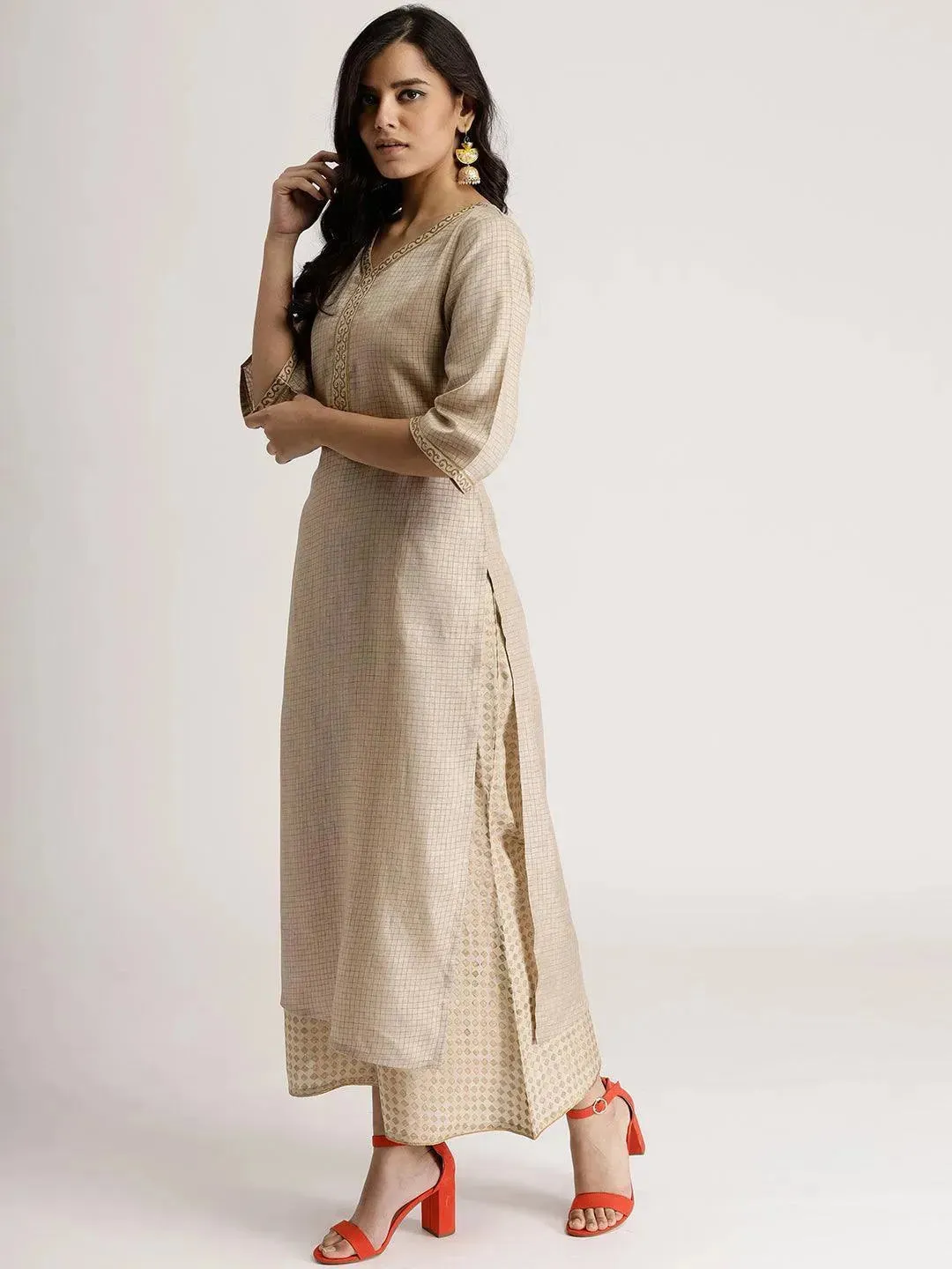 Beige Checkered Chanderi Silk Straight Kurta With Palazzos