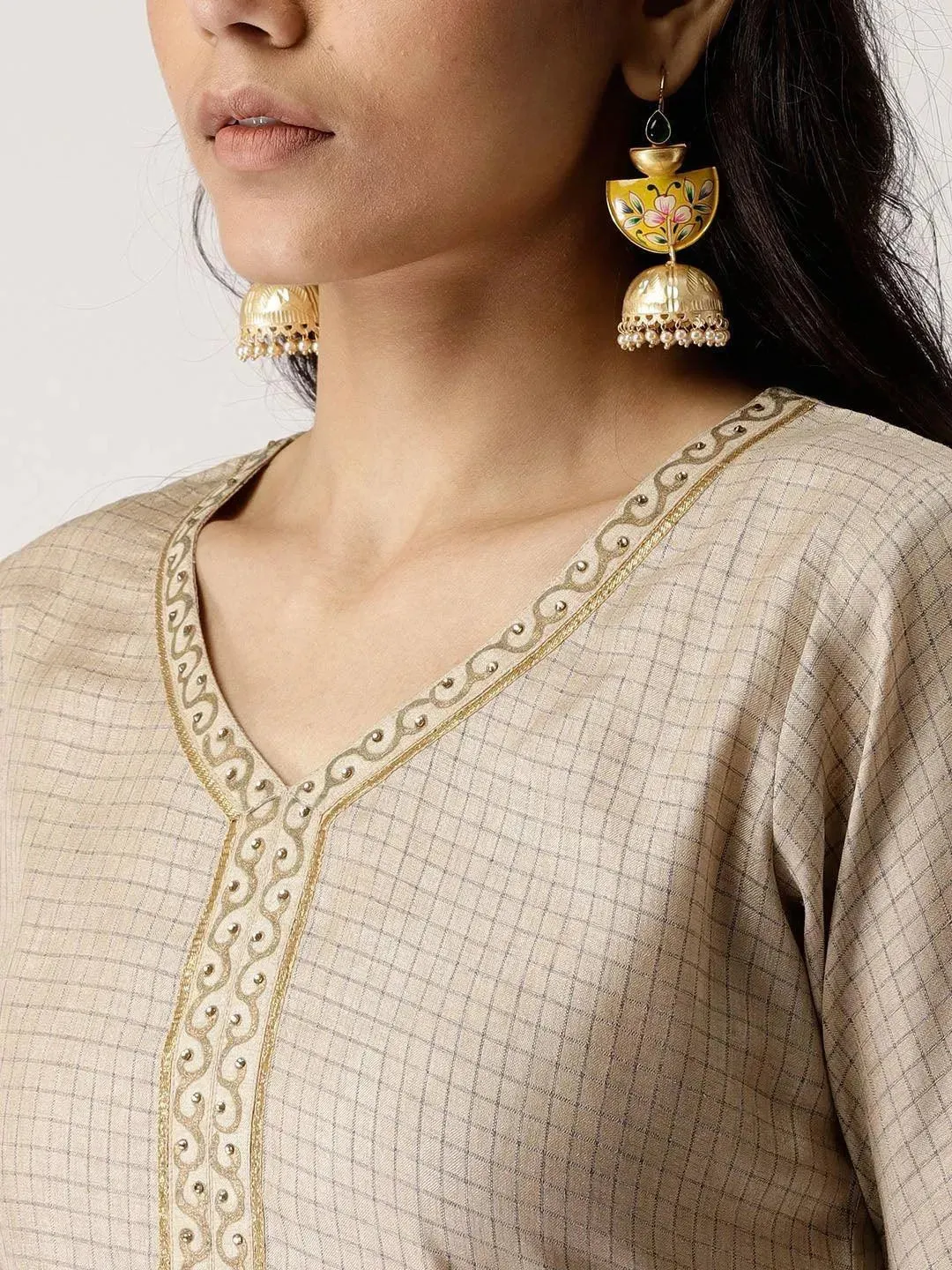 Beige Checkered Chanderi Silk Straight Kurta With Palazzos
