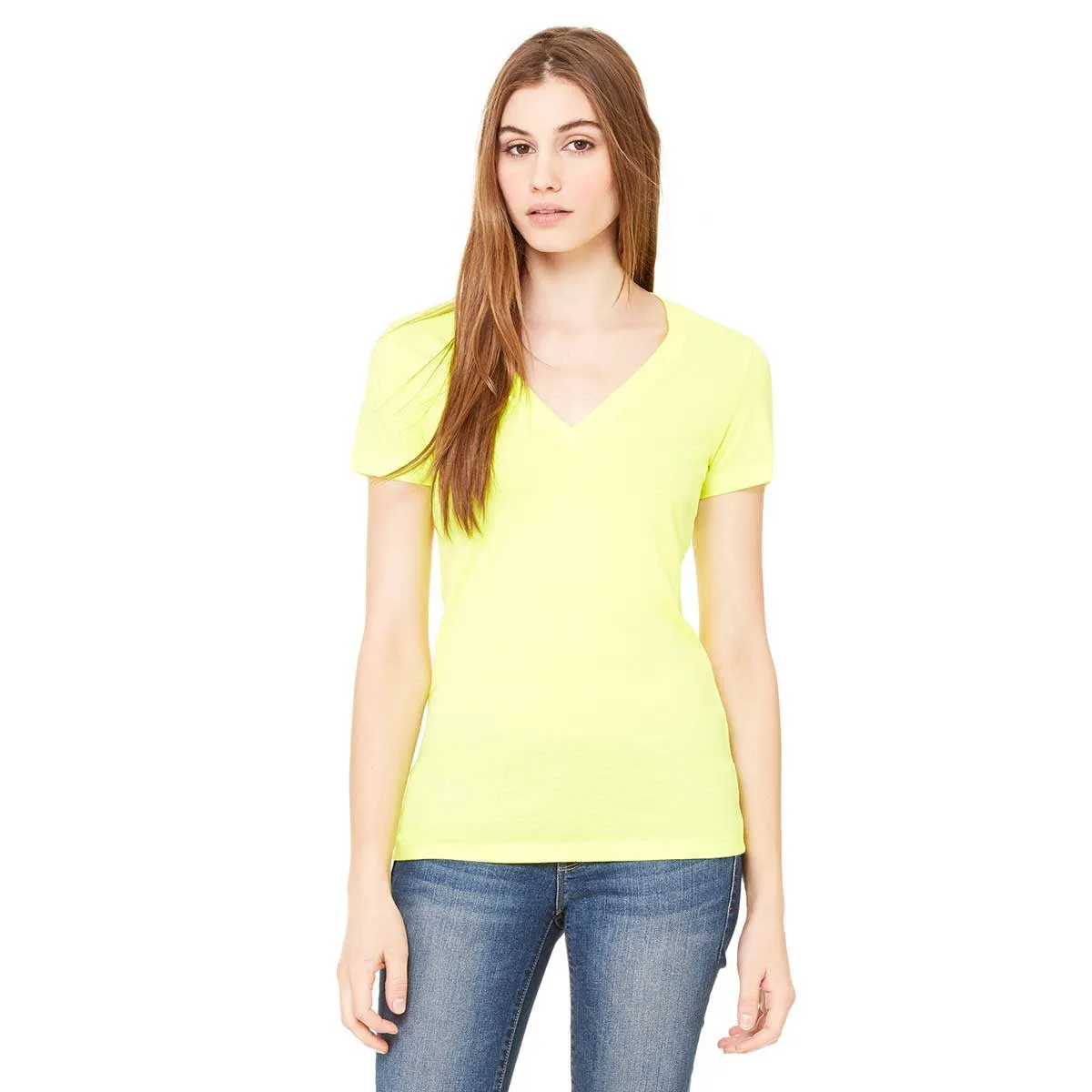 Bella   Canvas Women's Neon Yellow Jersey Short-Sleeve Deep V-Neck T-Shirt