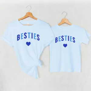 Besties Love Hearts Mum & Kid Matching Blue T-Shirts