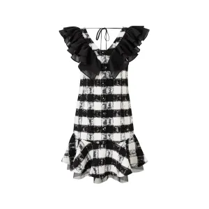 Black and White Check Tweed Ruffle Neck Sleeveless Dress