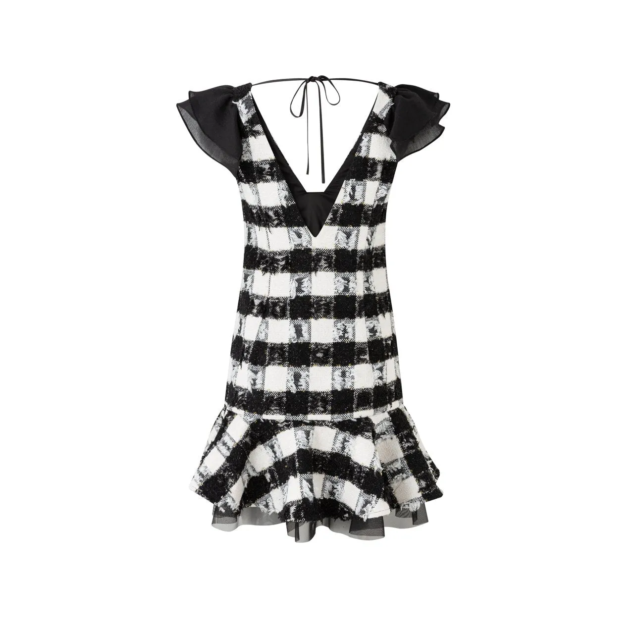 Black and White Check Tweed Ruffle Neck Sleeveless Dress