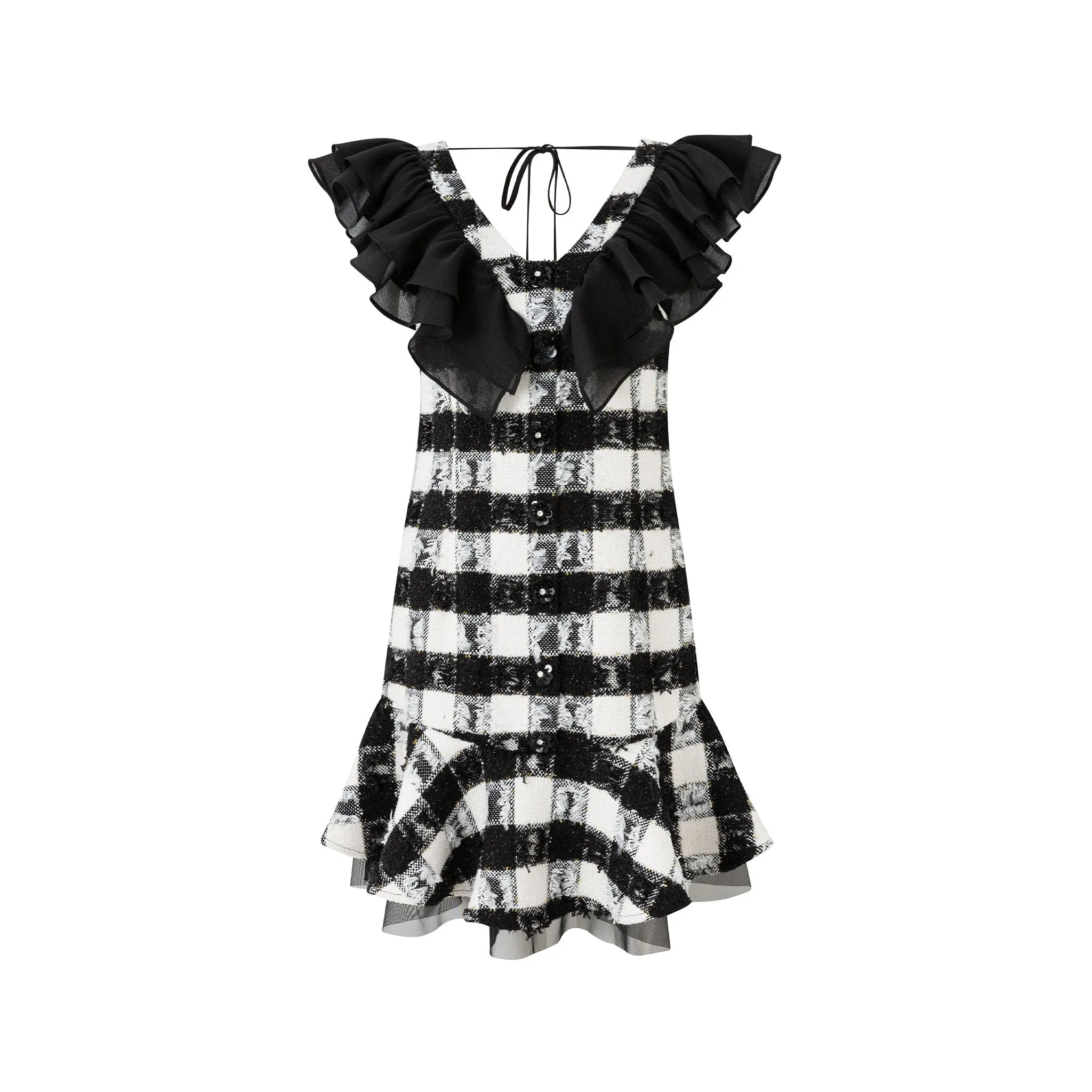 Black and White Check Tweed Ruffle Neck Sleeveless Dress