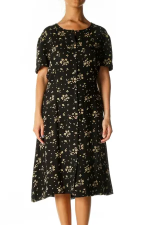 Black Floral Print A-Line Dress