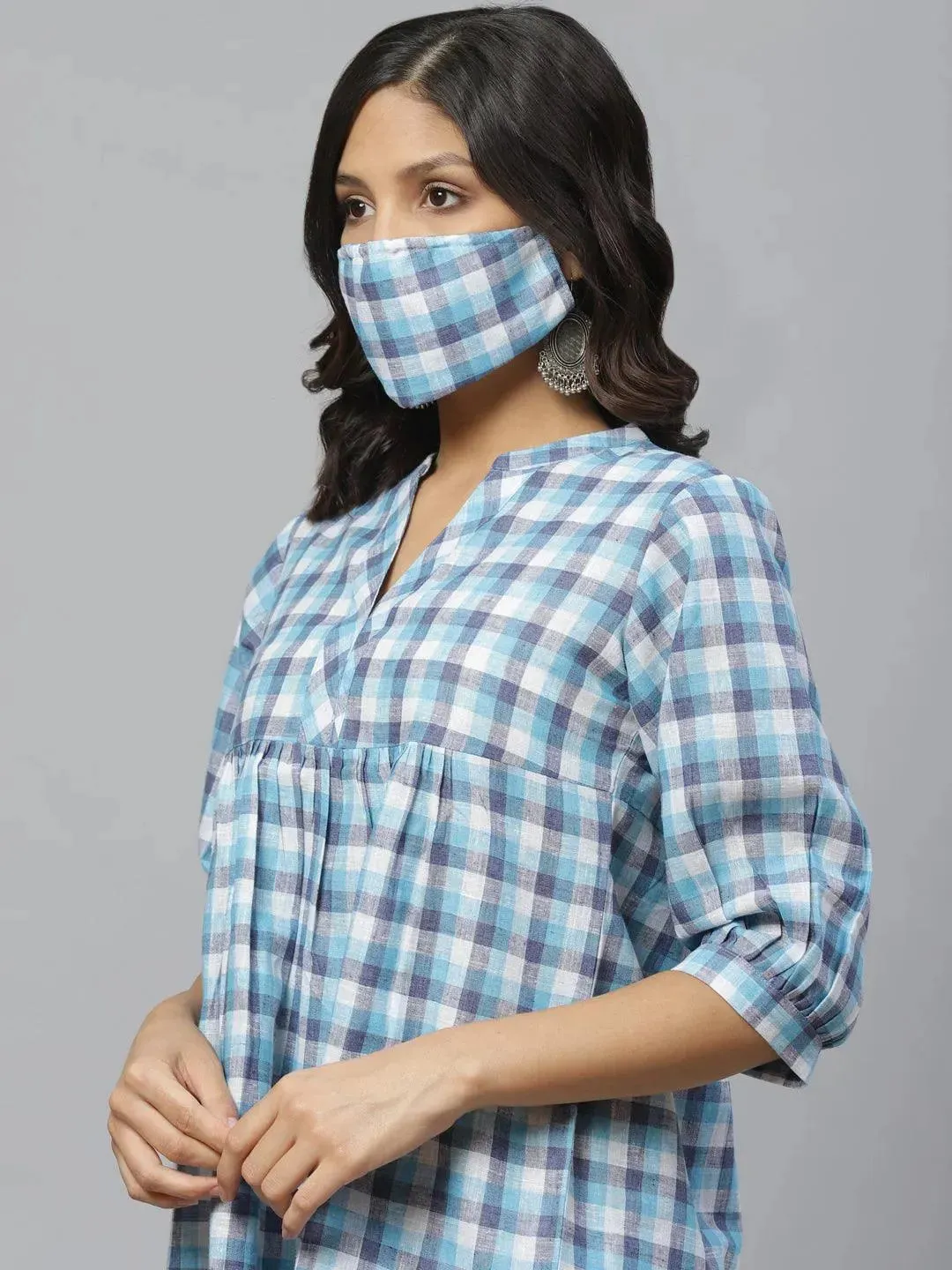 Blue Checkered Cotton Kurti With Mask