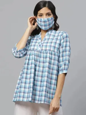 Blue Checkered Cotton Kurti With Mask