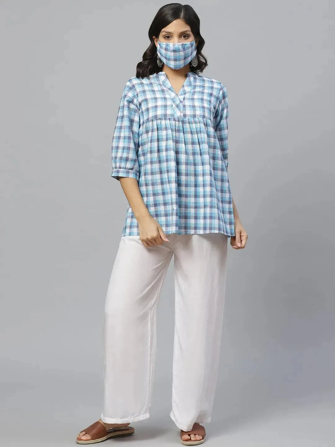 Blue Checkered Cotton Kurti With Mask