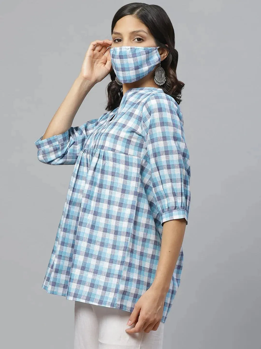 Blue Checkered Cotton Kurti With Mask