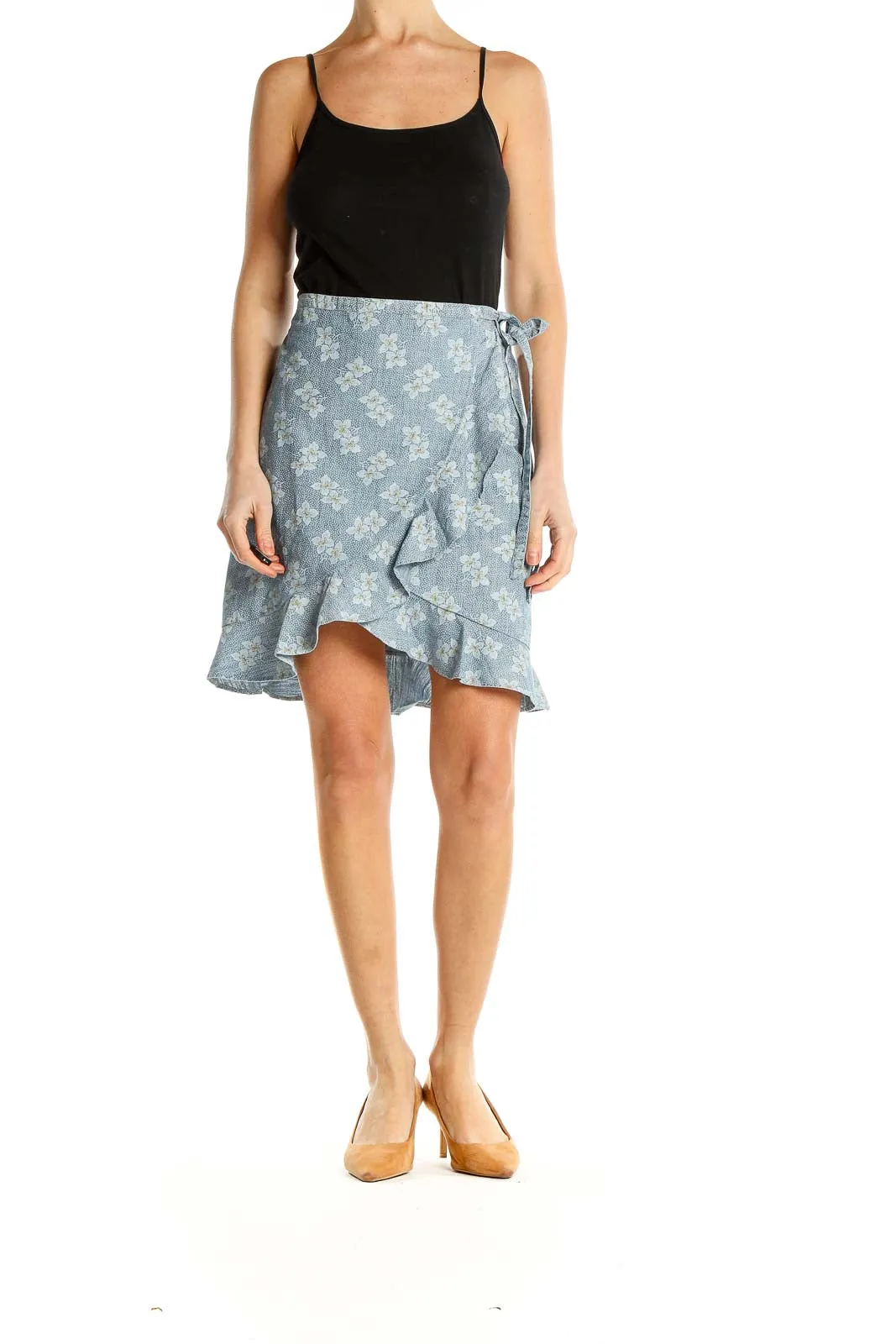 Blue Floral Wrap Ruffle Skirt
