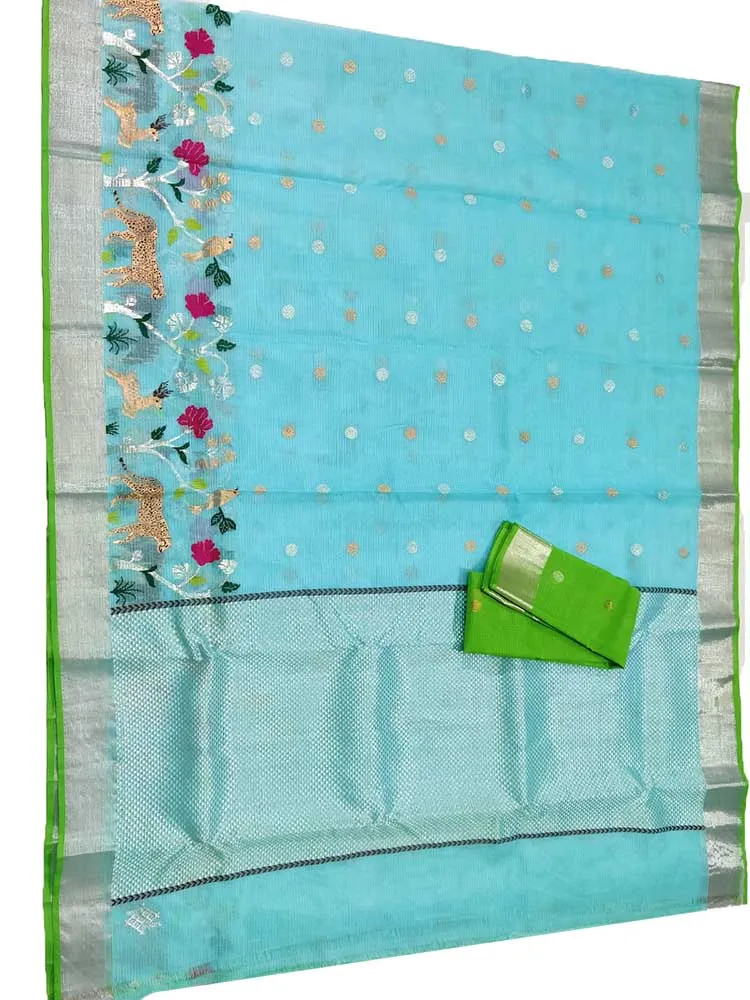 Blue Handloom Kota Doria Real Zari Figure Work Saree