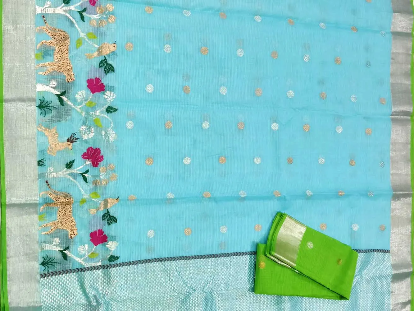 Blue Handloom Kota Doria Real Zari Figure Work Saree