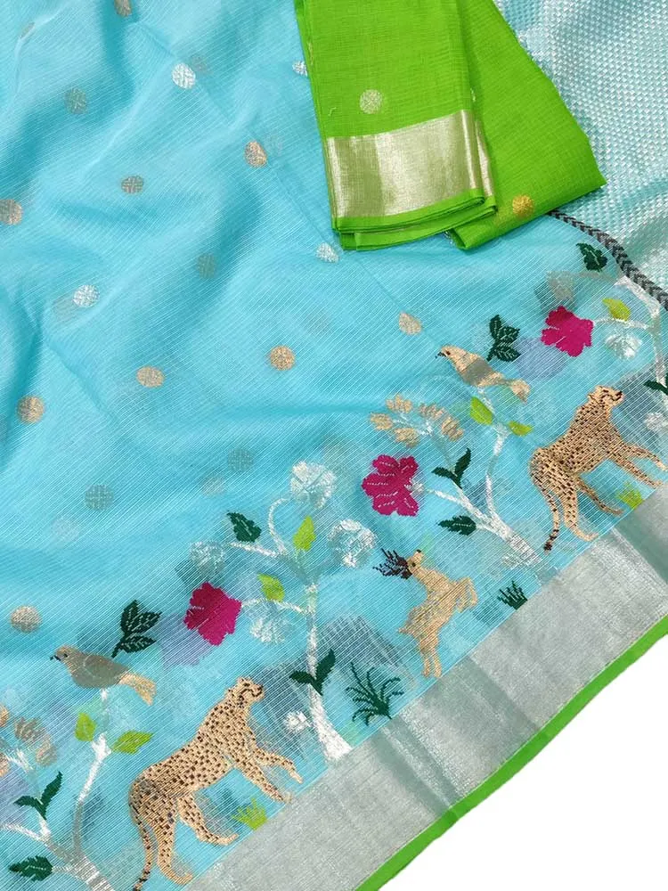 Blue Handloom Kota Doria Real Zari Figure Work Saree