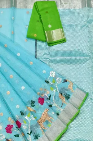 Blue Handloom Kota Doria Real Zari Figure Work Saree