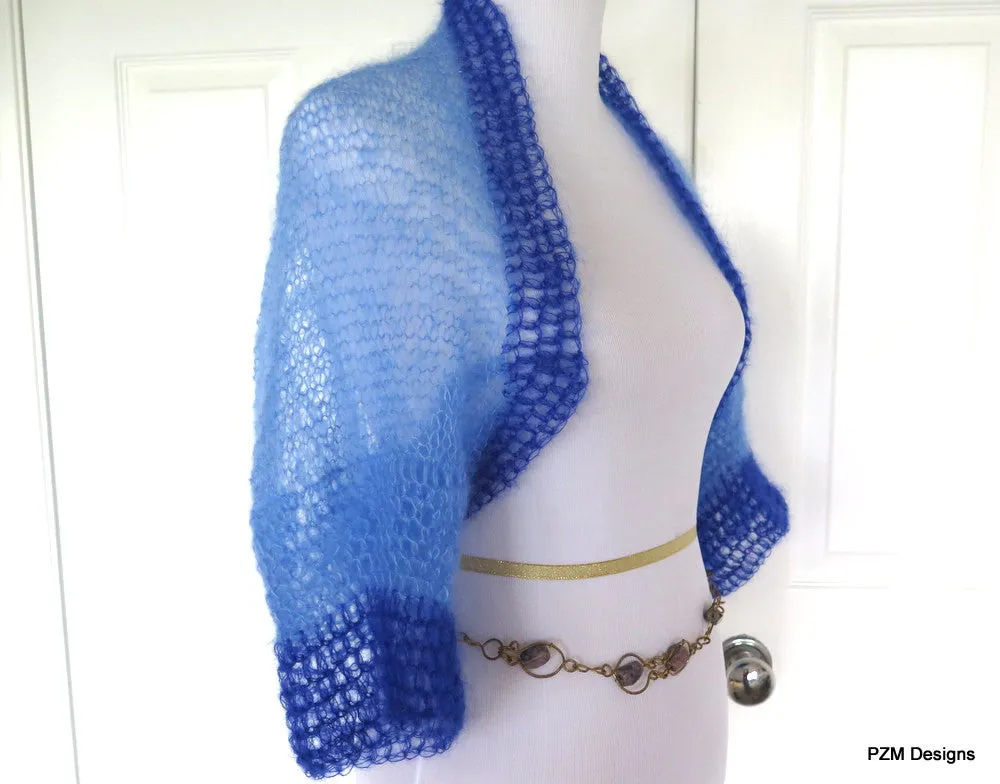 Blue Mohair Shrug, Two Tone Blue Silk Mohair Sweater, Gift for Her