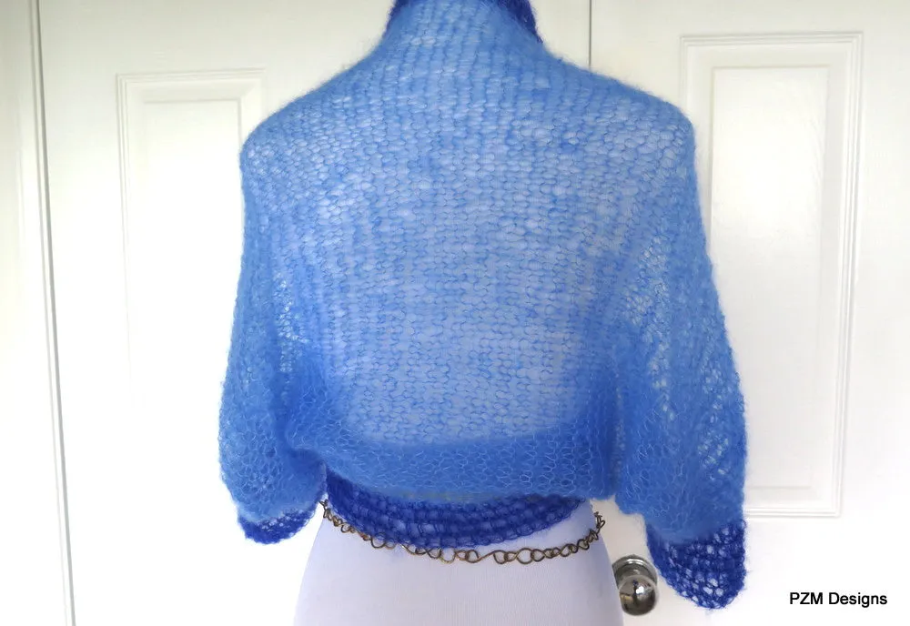 Blue Mohair Shrug, Two Tone Blue Silk Mohair Sweater, Gift for Her