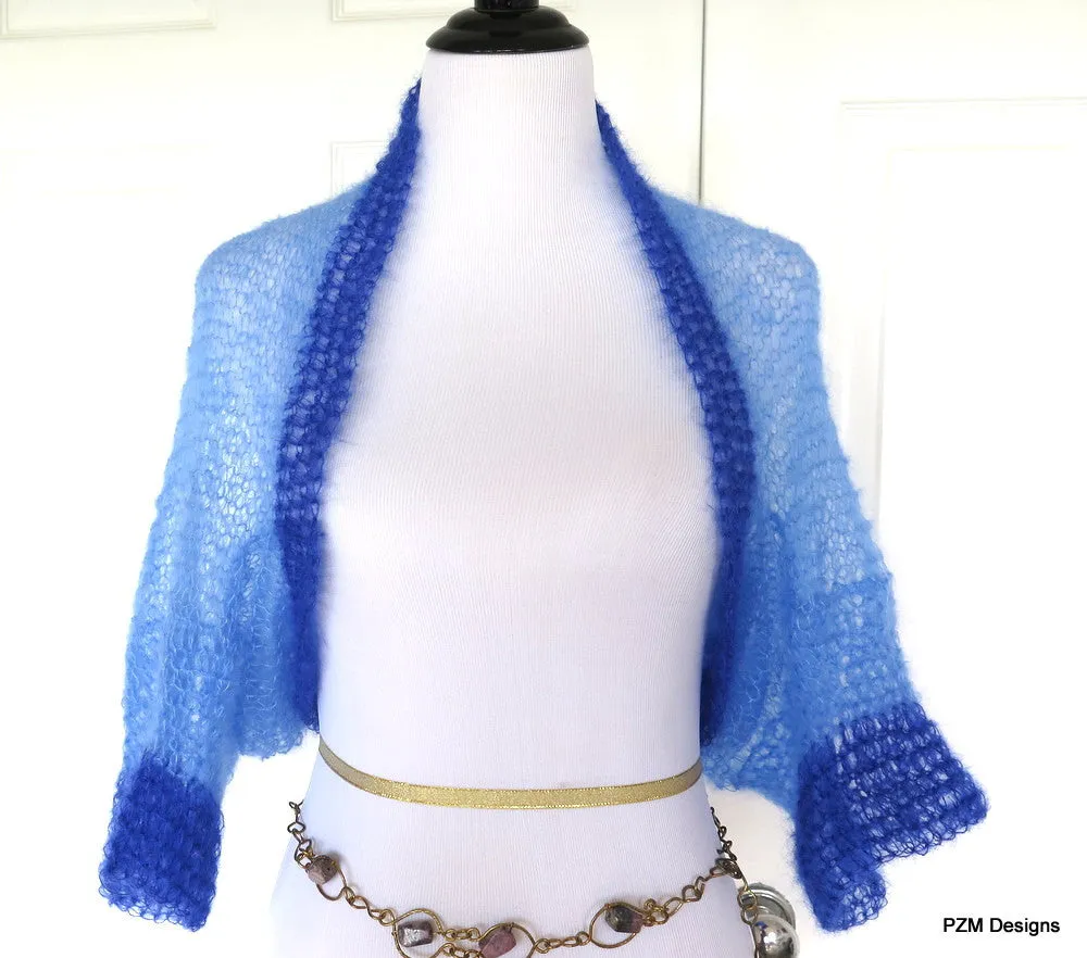 Blue Mohair Shrug, Two Tone Blue Silk Mohair Sweater, Gift for Her