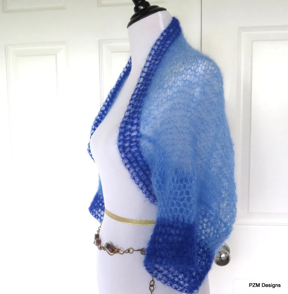 Blue Mohair Shrug, Two Tone Blue Silk Mohair Sweater, Gift for Her