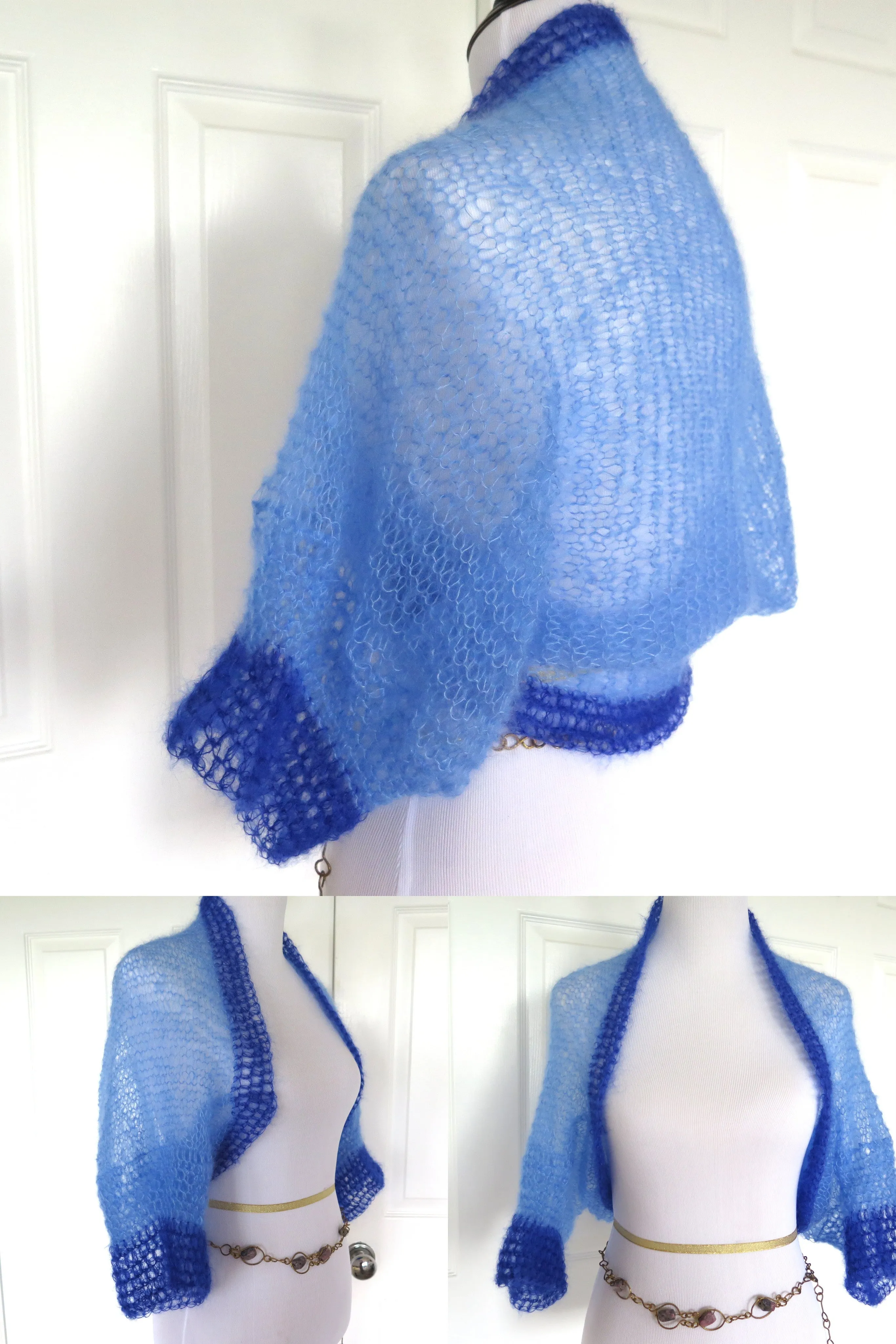 Blue Mohair Shrug, Two Tone Blue Silk Mohair Sweater, Gift for Her