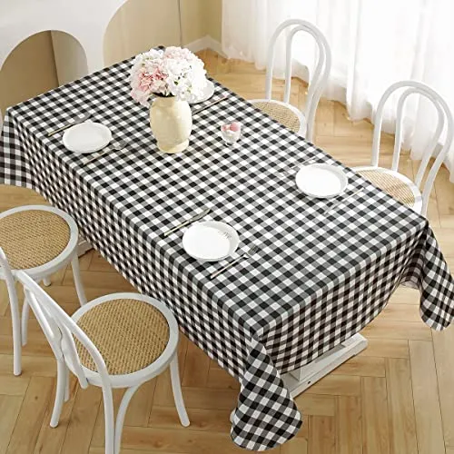 Buffalo Plaid Vinyl Tablecloth With Flannel Backing Rectangle 52 x 70 Inch, Waterproof & Oil Proof Checkered Tablecloth, Plastic Table Cover for Dining, Party, Indoor, Outdoor, Black and White