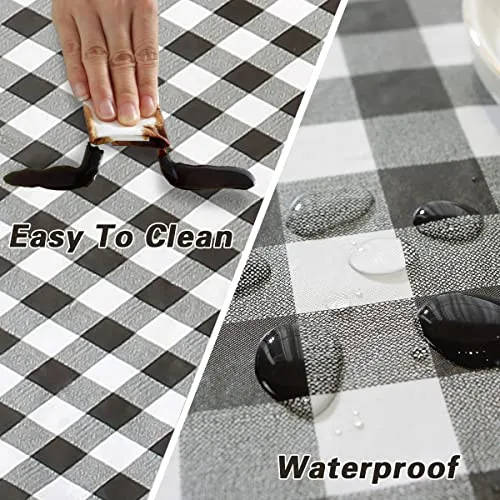 Buffalo Plaid Vinyl Tablecloth With Flannel Backing Rectangle 52 x 70 Inch, Waterproof & Oil Proof Checkered Tablecloth, Plastic Table Cover for Dining, Party, Indoor, Outdoor, Black and White