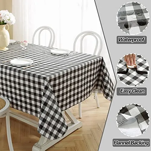 Buffalo Plaid Vinyl Tablecloth With Flannel Backing Rectangle 52 x 70 Inch, Waterproof & Oil Proof Checkered Tablecloth, Plastic Table Cover for Dining, Party, Indoor, Outdoor, Black and White