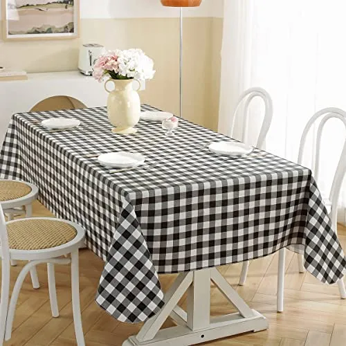 Buffalo Plaid Vinyl Tablecloth With Flannel Backing Rectangle 52 x 70 Inch, Waterproof & Oil Proof Checkered Tablecloth, Plastic Table Cover for Dining, Party, Indoor, Outdoor, Black and White