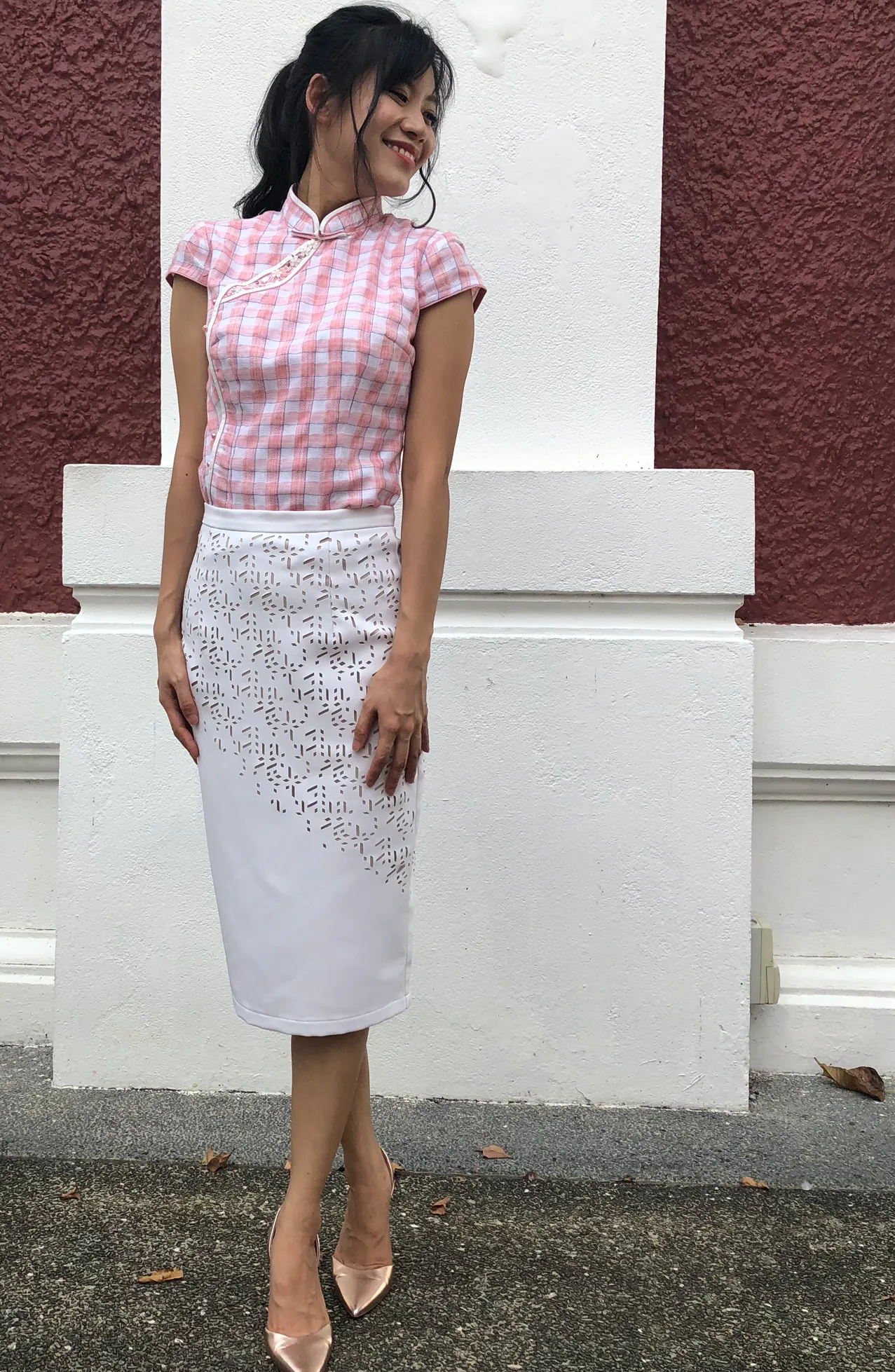 Candace Pink Check Print with Beads Chinese Mandarin Collar Cheongsam Top Qipao