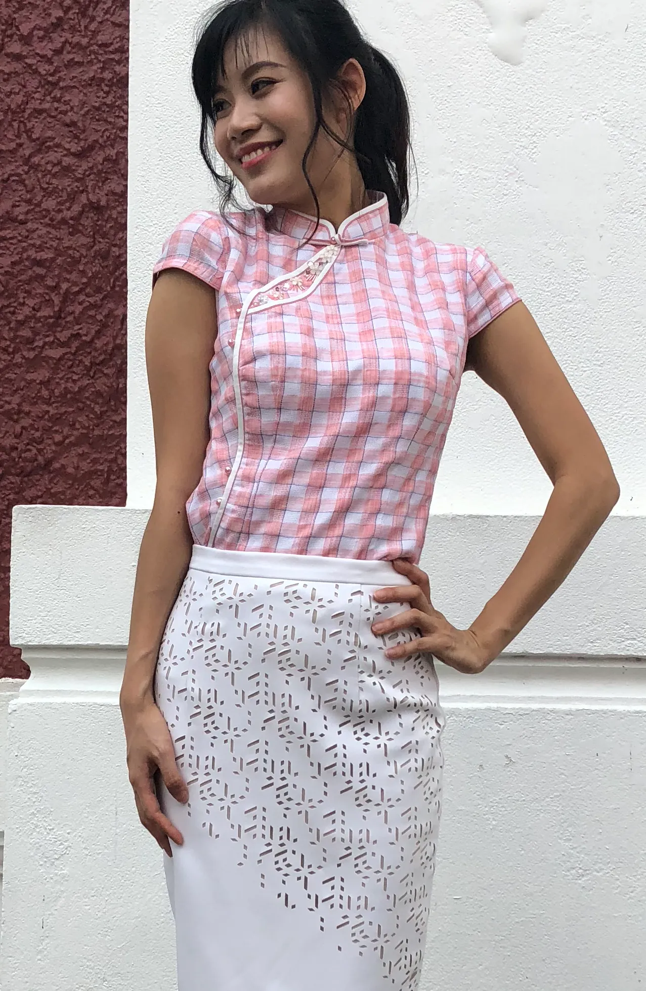 Candace Pink Check Print with Beads Chinese Mandarin Collar Cheongsam Top Qipao