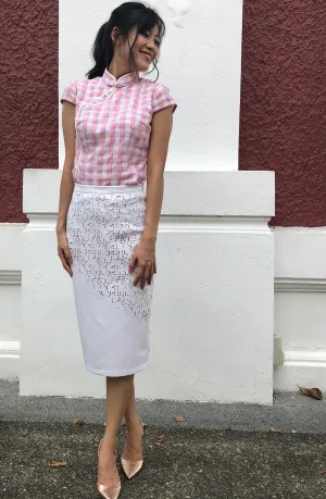 Candace Pink Check Print with Beads Chinese Mandarin Collar Cheongsam Top Qipao