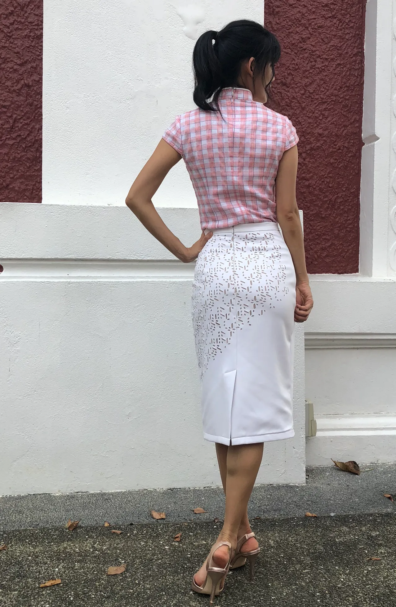 Candace Pink Check Print with Beads Chinese Mandarin Collar Cheongsam Top Qipao