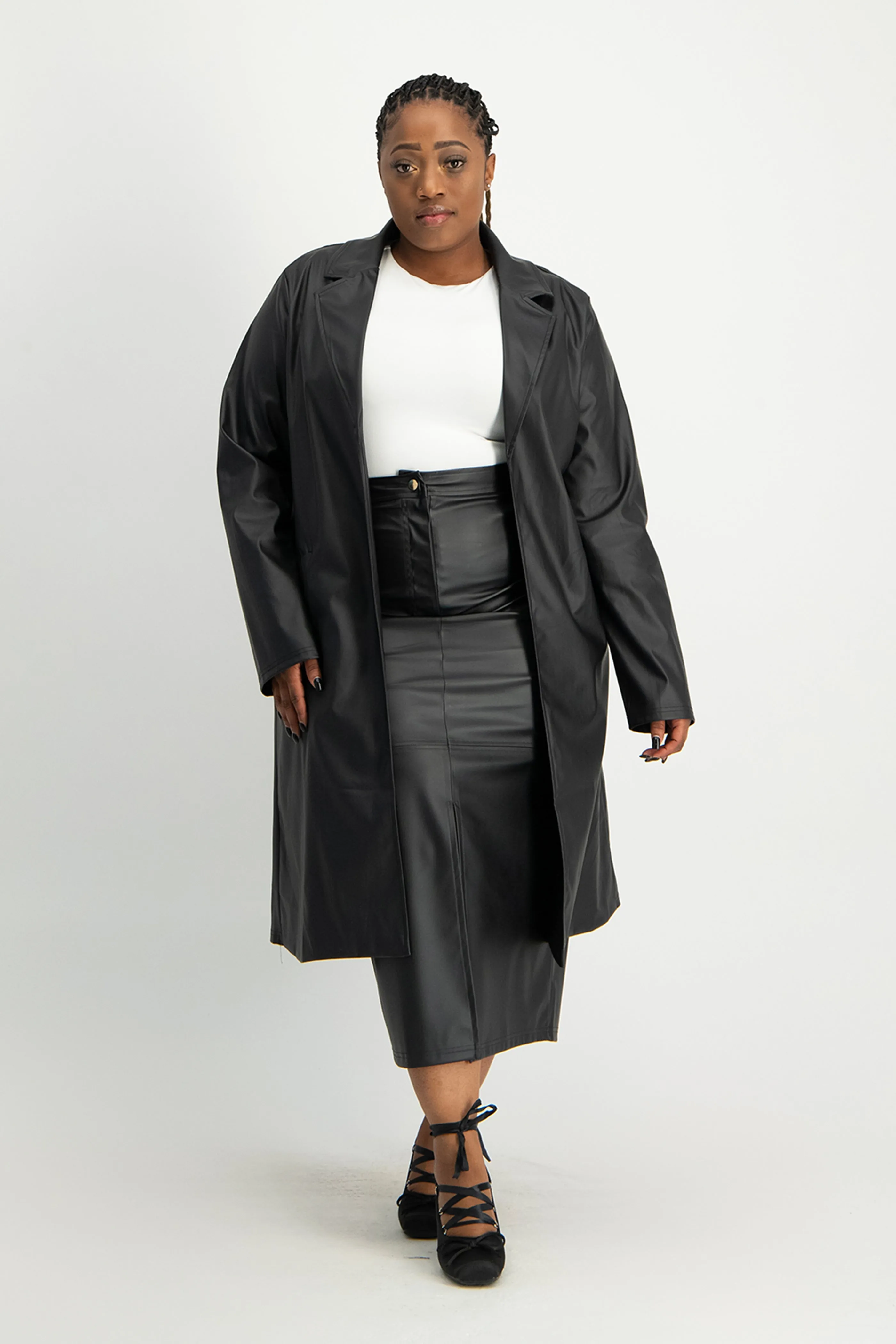 Cece Faux Leather Trench Coat - Black