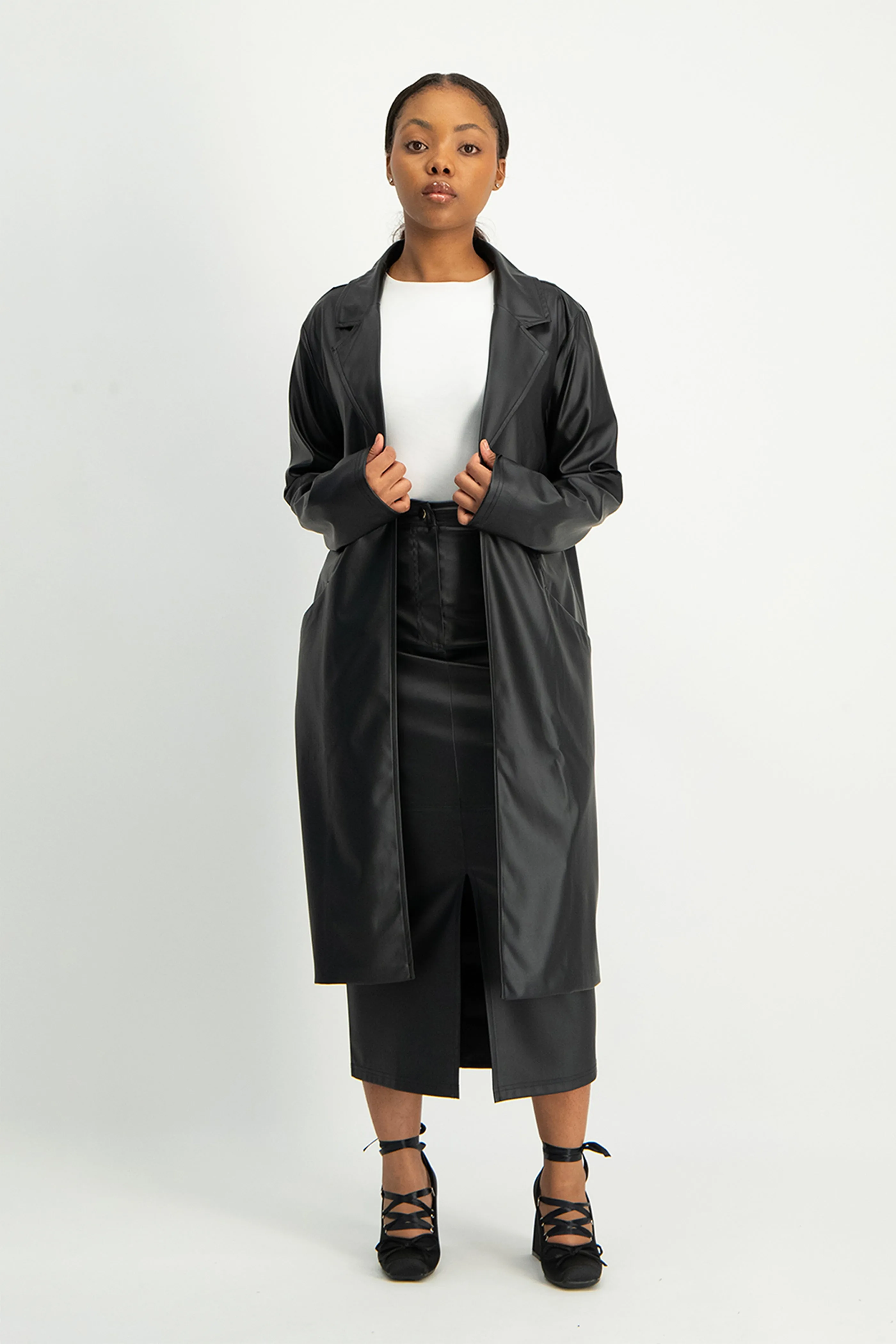 Cece Faux Leather Trench Coat - Black