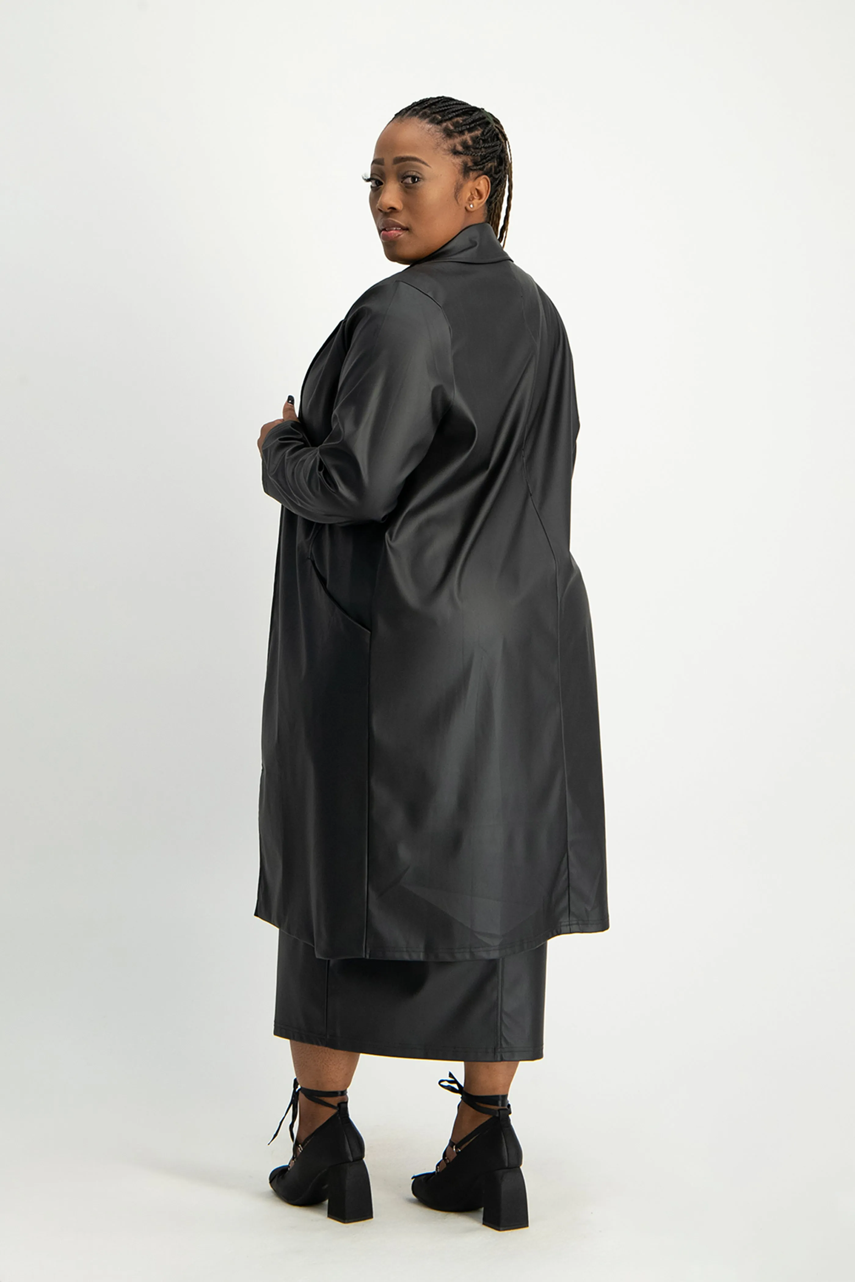 Cece Faux Leather Trench Coat - Black
