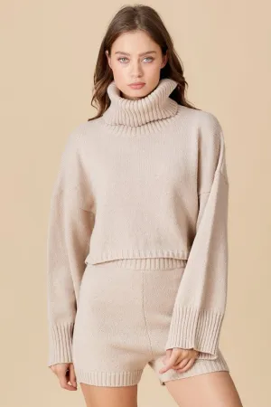 Cream Turtleneck Ribbed Slv Sweater