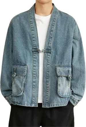 Denim Jackets Men Vintage Washed Jacket Mens Disc Buckle Loose Casual Jacket Coat for Man Spring Autumn Tang Suit