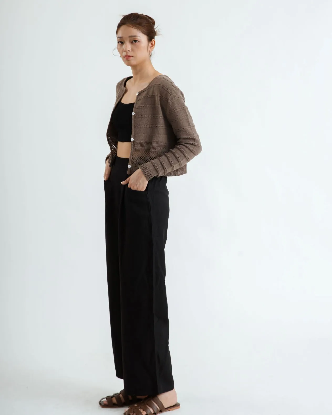 Elastic Waist Pleated Straight Cut Trousers (Black)