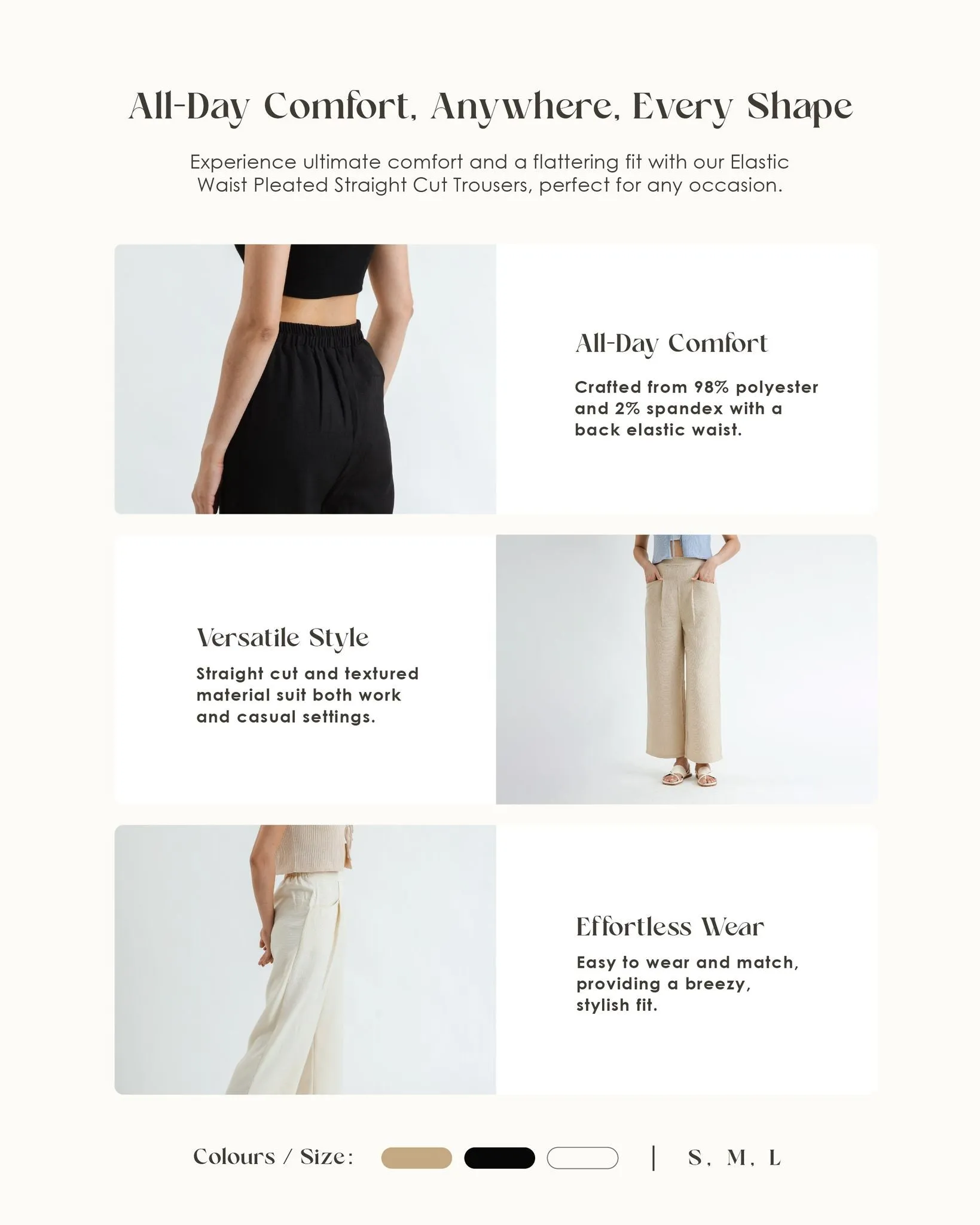 Elastic Waist Pleated Straight Cut Trousers (Black)