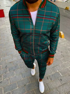 Fashion Casual Green Checkered Print Sports 2 Piece Set
