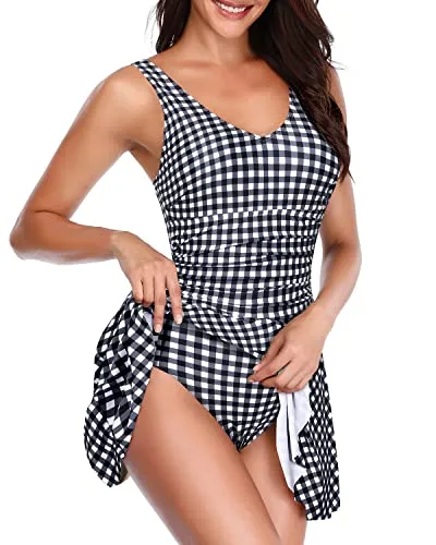 Flowy Long Swimwear Dress Skirt For Women Modest Coverage-Black And White Checkered
