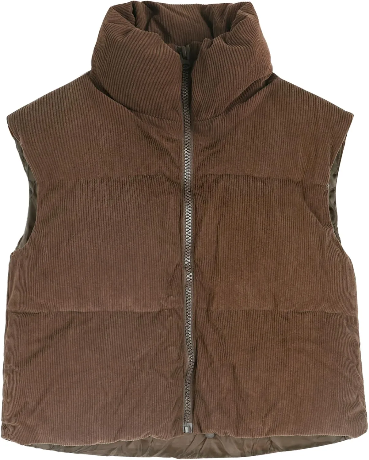 Gihuo Women's Corduroy Puffer Vest Cropped Stand Collar Zip Up Vest Quilted Sleeveless Jackets Gilet