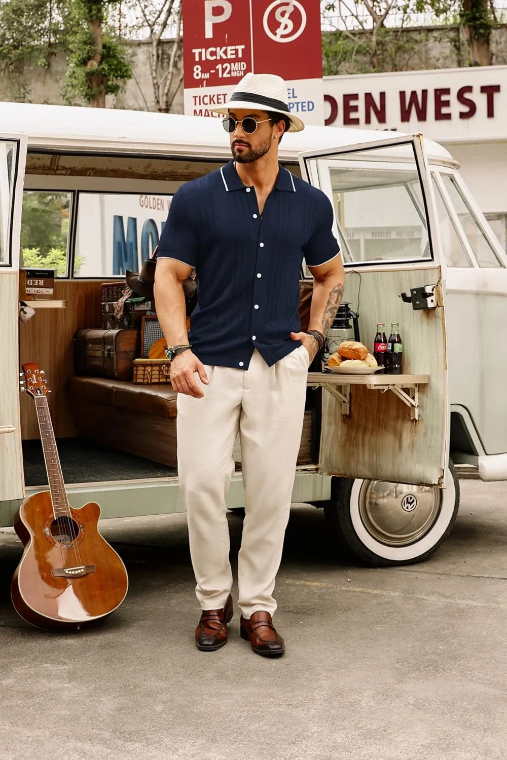 GRACE KARIN Men's Knit Polo Shirt Breathable Hollow Out Casual Button Down Shirts