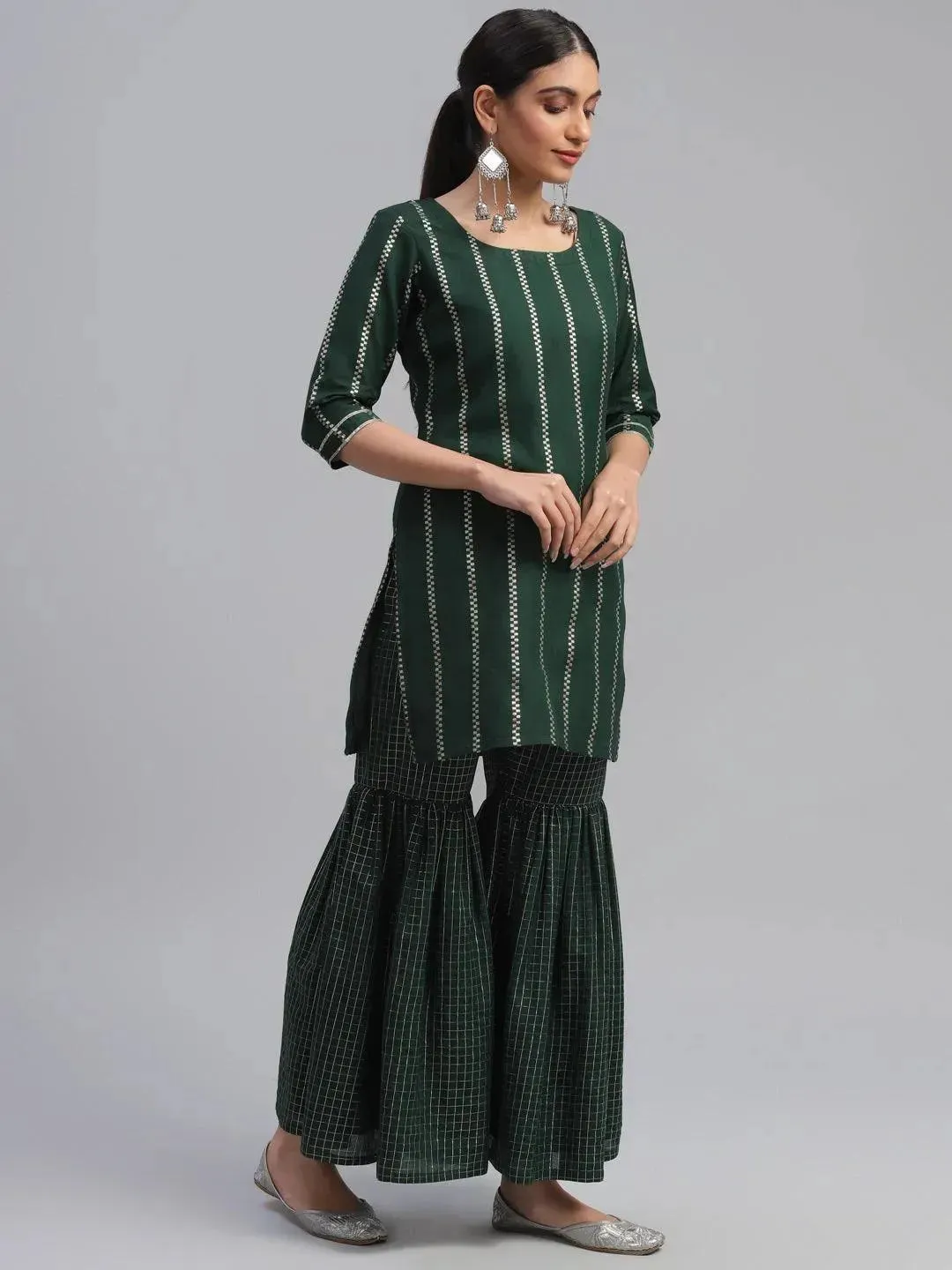 Green Striped Polyester Straight Sharara Suit Set With Dupatta