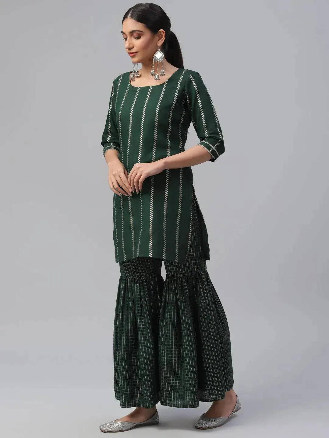 Green Striped Polyester Straight Sharara Suit Set With Dupatta
